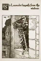 Sir Launcelot springer ud af vinduet, illustration fra "The Story of Sir Launcelot and his Companions", 1907